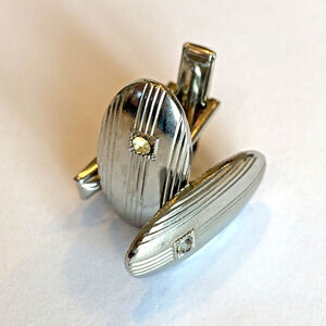 Vintage Mid Century Cufflinks Atomic Age Jewelry Silvertone & White Rhinestone